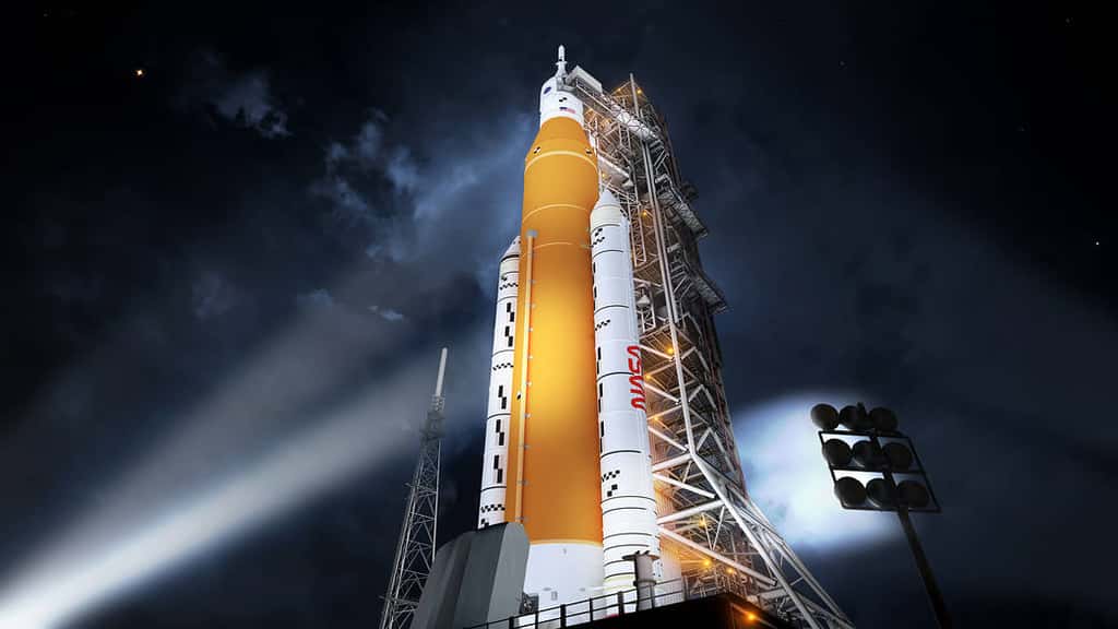 Le lanceur <em>Space Launch System</em> (Bloc I) sera utilisé durant le programme Artemis pour envoyer des astronautes sur la Lune. © Nasa, MSFC
