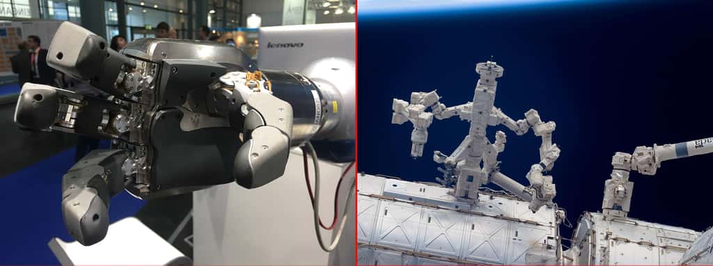 À gauche, la Spacehand du DLR, et, à droite, Dextre, de l'Agence spatiale canadienne, installé sur l'ISS. Plusieurs décennies séparent ces deux bras. © Rémy Decourt et Nasa