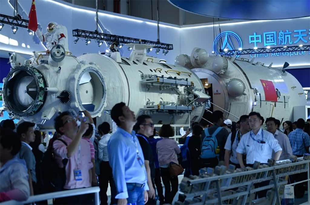 Maquette d’une partie de la station spatiale chinoise. D’une masse de 60 tonnes, elle sera plus petite que l’ISS et ses 400 tonnes !© AFP