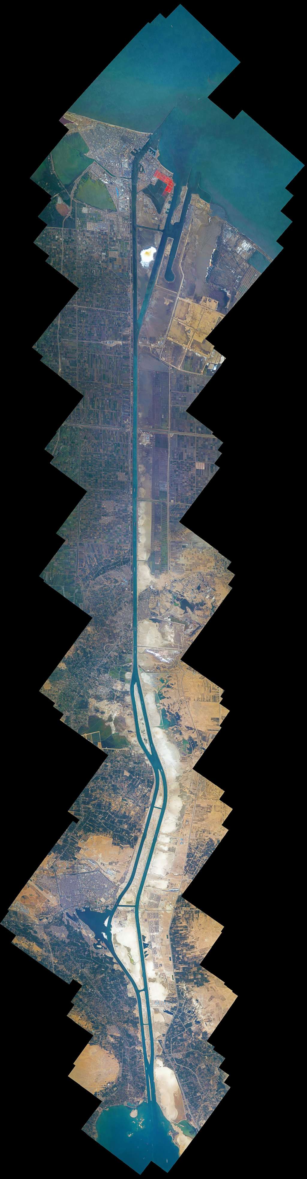  Ce grand collage montre le canal de Suez. Il est composé de 100 images cartographiées ensemble. © ESA/Nasa, Thomas Pesquet/A. Conigli
