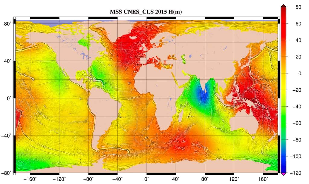 Hauteur moyenne de l'océan par rapport à l'ellipsoïde de référence T/P. Cette surface est fournie sur une grille régulière (1/60° x 1/60°). La surface moyenne océanique est la forme moyenne prise par la surface des océans durant la période de mesure. © Cnes, CLS