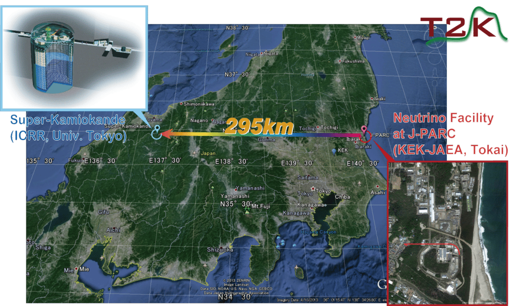 On voit sur cette carte les localisations du détecteur Super-Kamiokande et du synchrotron à protons J-Parc de Tokai. Pour tester les théories sur l'oscillation des neutrinos, on a envoyé des faisceaux de neutrinos muoniques produits à Tokai à travers 295 km de roches en direction de Super-Kamiokande. © <em>T2K Collaboration</em>, 2013
