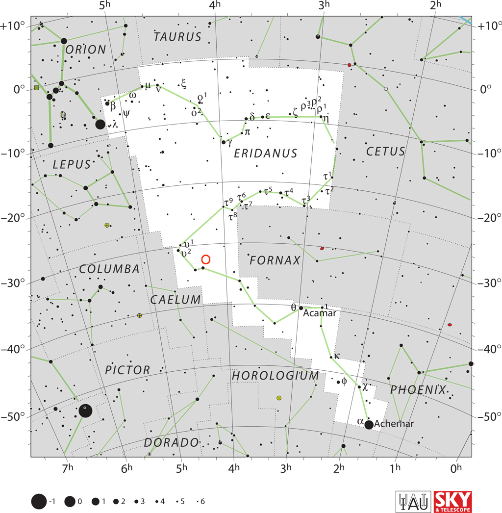 Position de TYC 7037-89-1 (rond rouge) dans la constellation de l'Éridan. © <em>IAU and Sky & Telescope magazine</em> (Roger Sinnott & Rick Fienberg)