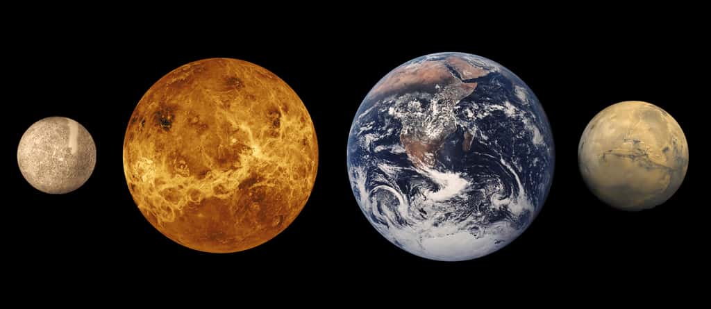 Comparaison de la taille des planètes telluriques du système solaire : Mercure (4.880 km), Vénus (12.104 km), la Terre (12.742 km) et Mars (6.779 km). GJ 367 b (environ 9.000 km) a une taille intermédiaire entre Mars et Vénus. © Nasa