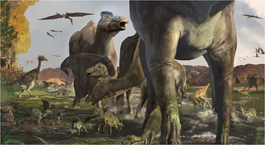 Un troupeau de dinosaures à bec de canard, au premier plan, se promène, voisinant des thérizinosaures, comme celui visible à l'arrière-plan à gauche. © Karen Carr, <em>Nature</em>