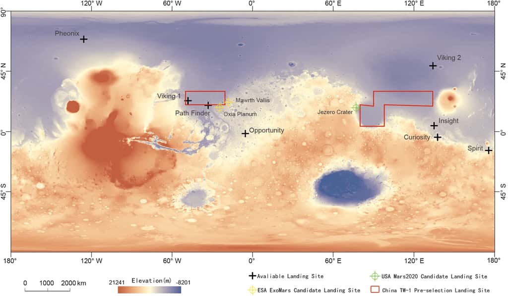 Le site d'Utopia Planitia se trouve au nord de la planète. C'est un plat pays où s'était déjà posée l'ancienne sonde américaine Viking 2. Ici sur l'image, c'est le site de droite, l'autre site avait été présélectionné pour le posé de Zhurong. © Li, C., Zhang, R., Yu, D. et <em>al.</em>