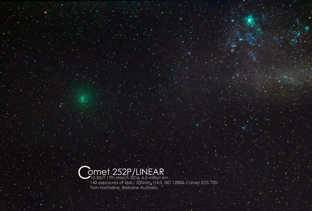 La comète 252P/Linear photographiée dans le ciel de Brisbane en Australie, le 17 mars. Comme on peut le constater, elle est presque aussi lumineuse que la nébuleuse de la Tarentule, visible en haut à droite. © Tom Harradine via Spaceweather.com