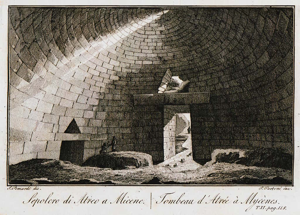 La tombe d’Atrée est ici représentée dans une gravure de l’explorateur italien Simone Pomardi, au début du XIX<sup>e</sup> siècle. © Simone Pomardi