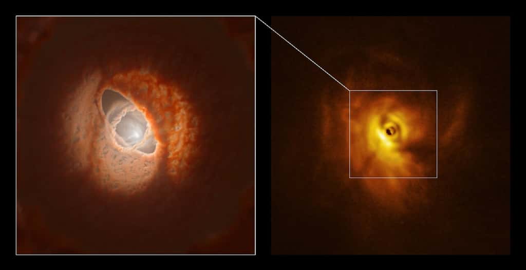 L'anneau intérieur de GW Orionis : modélisation (à gauche) et observation (à droite). © ESO, L. Calçada, Exeter, Kraus et al.
