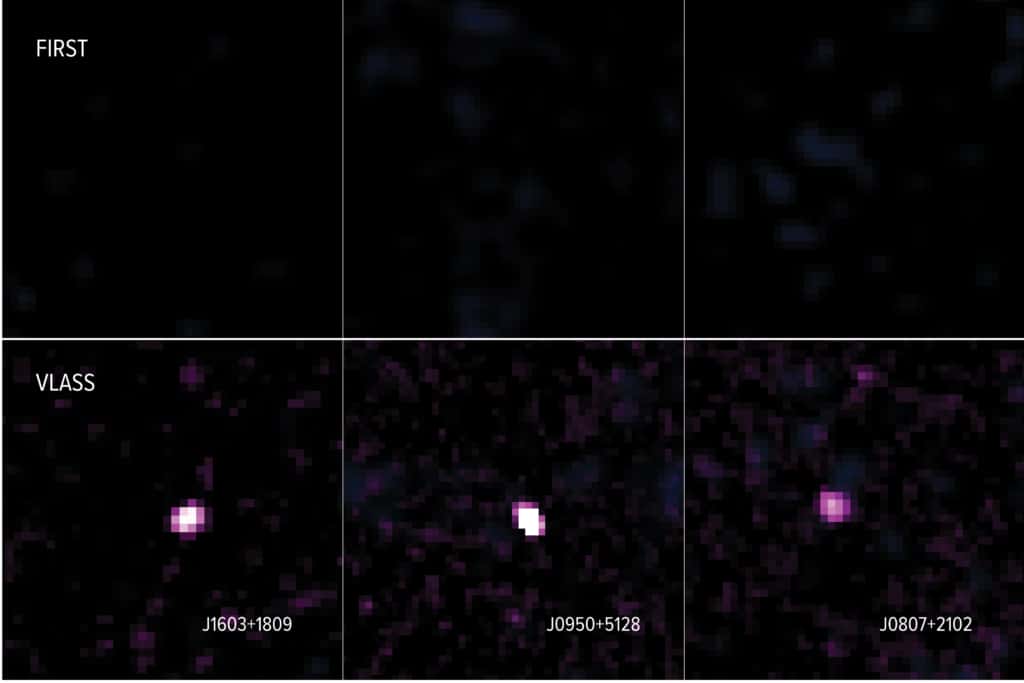 Images de trois galaxies prises par le VLA et étudiées par Nyland et al., comparant ce qui fut observé dans les relevés FIRST et VLASS. Les émissions radio nouvellement apparues indiquent que les galaxies ont lancé de nouveaux jets de matière entre les dates des deux observations. © Nyland et al.; Sophia Dagnello, NRAO, AUI, NSF