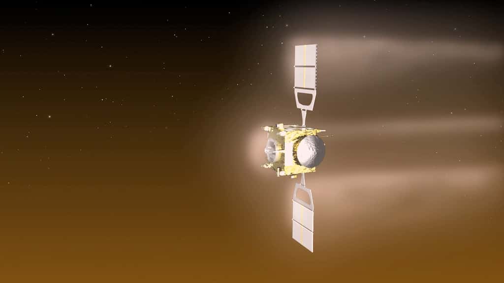 Illustration de Venus Express au cours de sa manœuvre de freinage atmosphérique qui s’est déroulée à environ 130 km d’altitude entre le 18 juin et le 11 juillet 2014. © Esa, C. Carreau