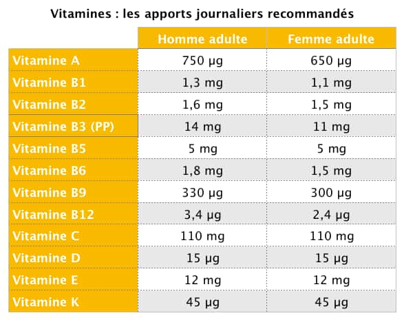 Les apports journaliers en vitamines recommandés par jour pour un homme et une femme adulte. © C.D, Futura