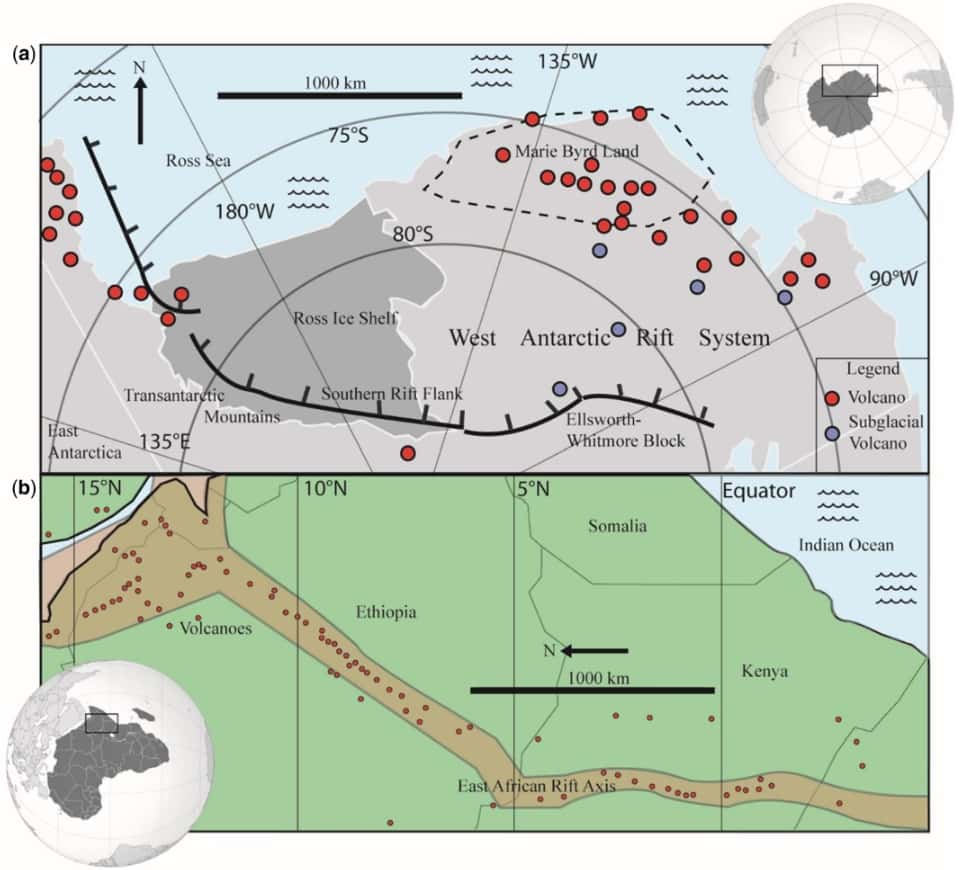 Cartes comparées du rift ouest-antarctique avec ses volcans (a) et du rift est-africain (b). Les ronds rouges de la carte (a) montrent les volcans de l'Holocène et les gris les volcans subglaciaires qui étaient déjà connus. L'activité volcanique est concentrée le long des rifts. © Maximillian van Wyk de Vries <em>et al.</em>, <em> Geological Society of London </em>