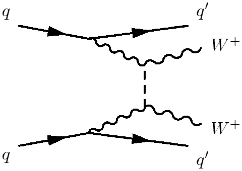  Une variante du diagramme de Feynman précédent fait intervenir pour la collision de deux bosons W+ une contribution du boson de Brout-Englert-Higgs (la ligne en tirets). © Atlas Collaboration