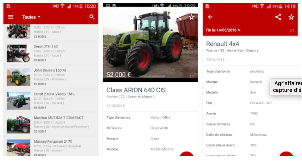 Capture d'écran de l'application Agriaffaires sur Android. © Agriaffaires