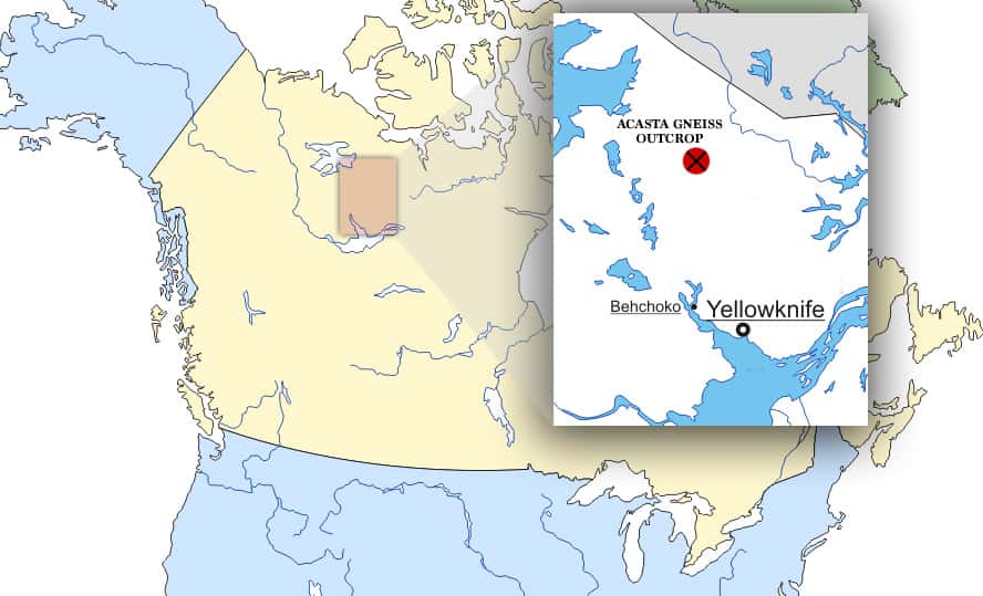 Dans le complexe d'Acasta au Canada se trouvent des roches parmi les plus anciennes du monde. © d-maps.com
