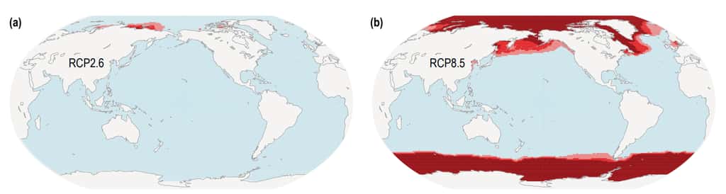 Le scénario, à gauche, indique l'acidification des eaux polaires si les limites de température de l'Accord de Paris sont respectées et celui, à droite, si elles sont dépassées. © IPCC SROCC 2019