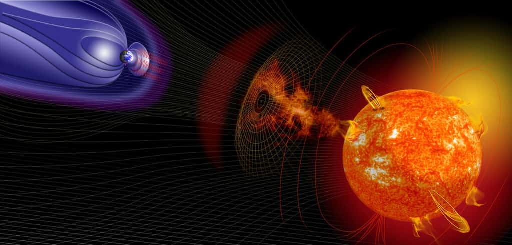 Cette vue d’artiste montre les échanges entre le Soleil et la Terre. Une éruption solaire peut venir perturber le champ magnétique terrestre. © CNRS