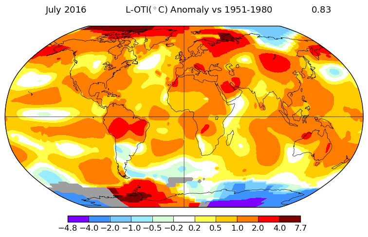 Carte des anomalies de température pour juillet 2016 relativement à la période de référence 1951-1980. En rouge foncé, l’écart est d’environ +7 °C. © Nasa