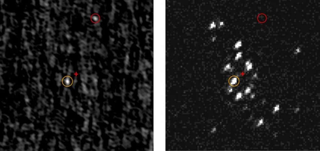 L’image de gauche a été prise dans le domaine des ondes radio avec le radiotélescope VLA, et celle de droite dans le domaine des rayons X avec Chandra. Le cercle jaune montre le trou noir trouvé dans l’amas globulaire M62 dans notre Galaxie. Le cercle rouge indique une étoile à neutrons proche. © <em>Texas Tech University</em>
