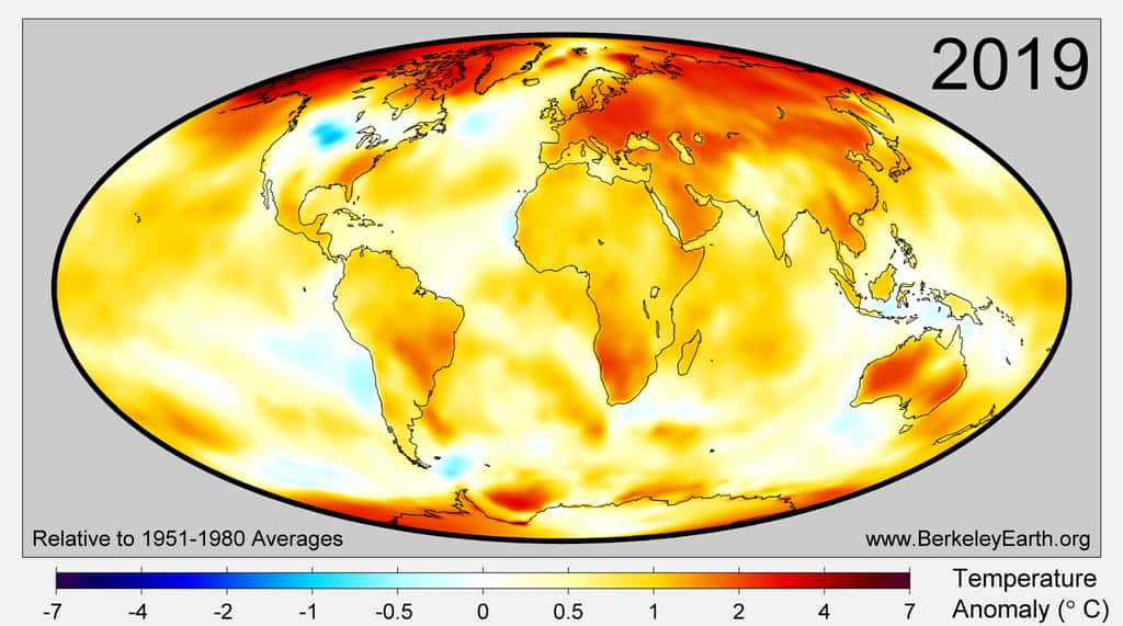 Les anomalies de température aux pôles en 2019 ont parfois dépassé les 5 °C par rapport aux moyennes enregistrées pendant la période 1951-1980. © BerkeleyEarth.org