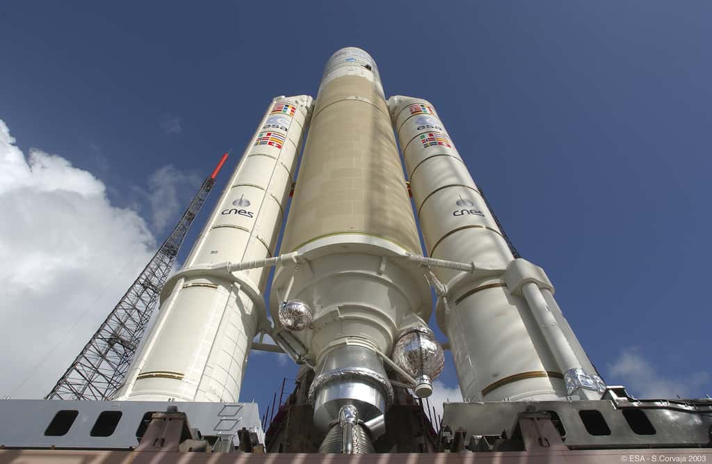 Sur les onze Ariane 5 qui restent à lancer avant le remplacement par Ariane 6, Arianespace prévoit d'en lancer 5 cette année. © ESA, S. Corvaja