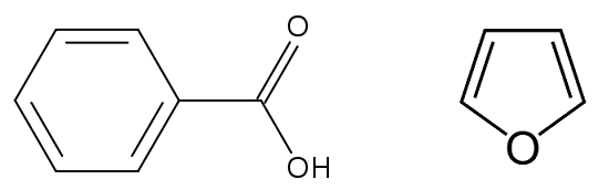 L’acide benzoïque (à gauche) et le furane (à droite) sont des composés aromatiques. © Wikimedia Commons
