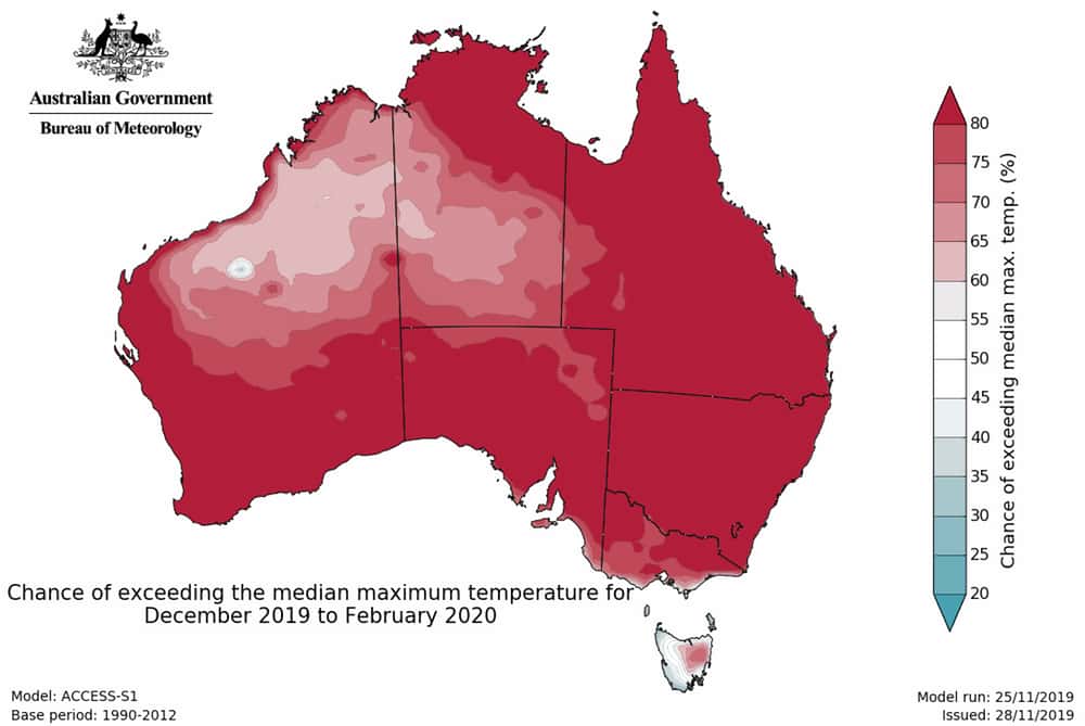 De décembre à février, une grande partie de l'Australie a 80 % de chances de dépasser les températures maximales médianes. Cette chaleur extrême est une des raisons favorisant la survenue d'incendies. © <em>Australian Bureau of Meteorology</em>