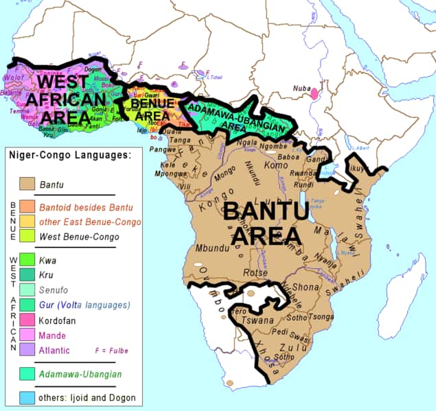 Aujourd'hui, les langues bantoues sont réparties dans une vingtaine de pays, dont le Cameroun. Ce pays se situe à la frontière entre la zone des langues bantoues (<em>bantu area</em>) et la zone des langues bénoué-congolaises (<em>benue area</em>). © Kimdime, Wikimedia Commons, CC by-sa 3.0