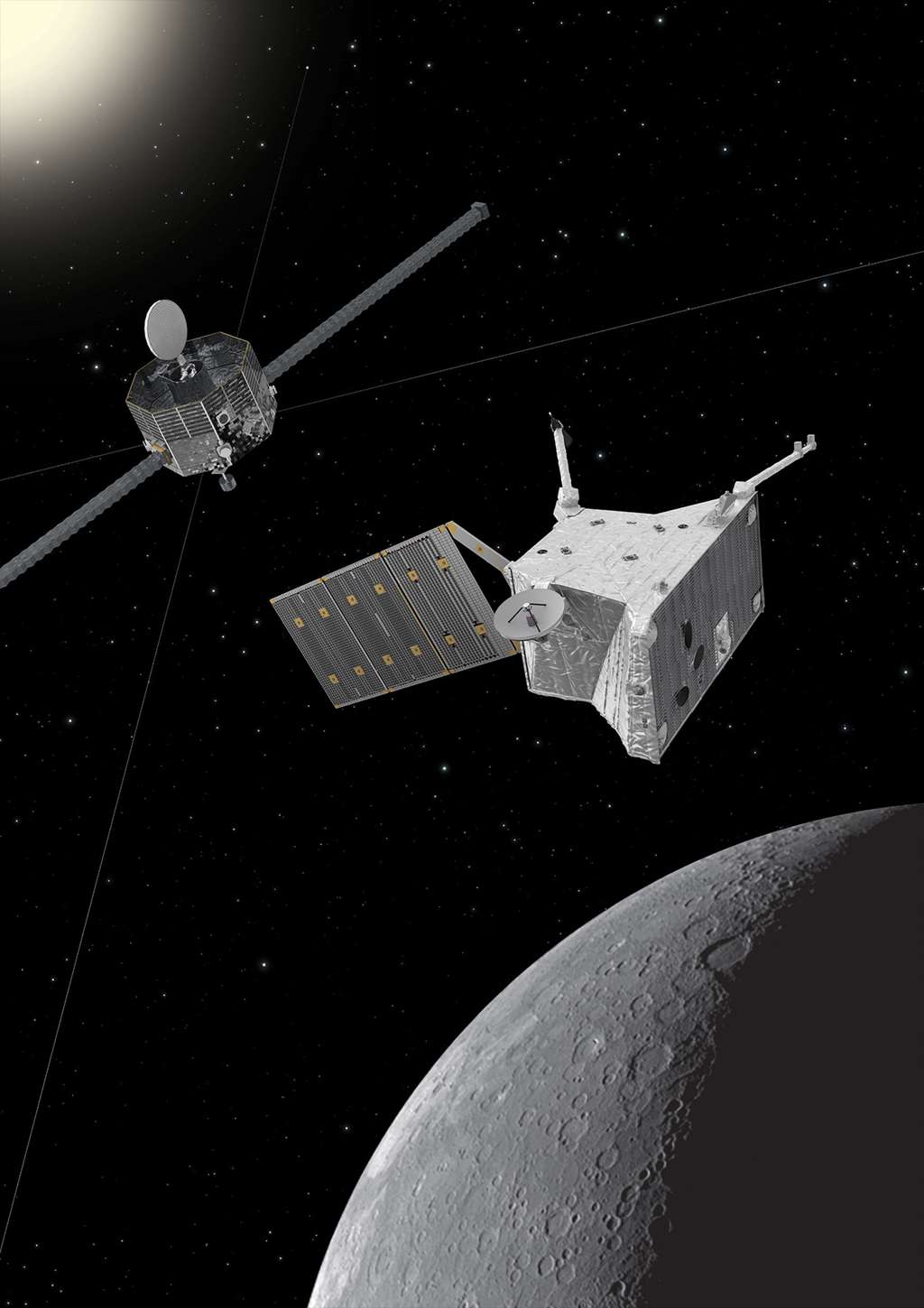  Vue d'artiste de BepiColombo autour de Mercure. La mission comprend le <em>Mercury Planetary Orbiter</em> de l'ESA (en avant-plan) et le <em>Mercury Magnetospheric Orbiter</em> de la Jaxa (en arrière-plan). L'image de Mercure a été prise par la sonde Messenger de la Nasa. © Sonde : ESA/ATG medialab ; Mercure : Nasa/<em>Johns Hopkins University Applied Physics Laboratory</em>/<em>Carnegie Institution of Washington</em>.