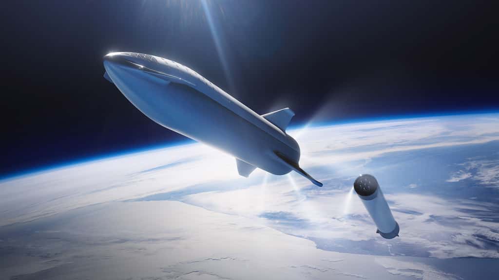 Vue d'artiste du BFR, un lanceur réutilisable à deux étages capable de transporter une centaine de passagers. © SpaceX