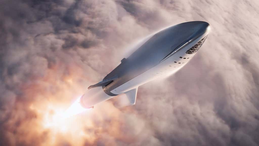 Illustration du Big Falcon Rocket (BFR) dans sa dernière version (septembre 2018). Par rapport à la précédente, quelques modifications sont visibles. © SpaceX