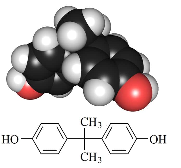 Structure chimique du bisphénol A. La molécule a été étudiée comme substitut hormonal avant de jouer un rôle dans la composition de certains plastiques. © Wikimedia Commons, DP