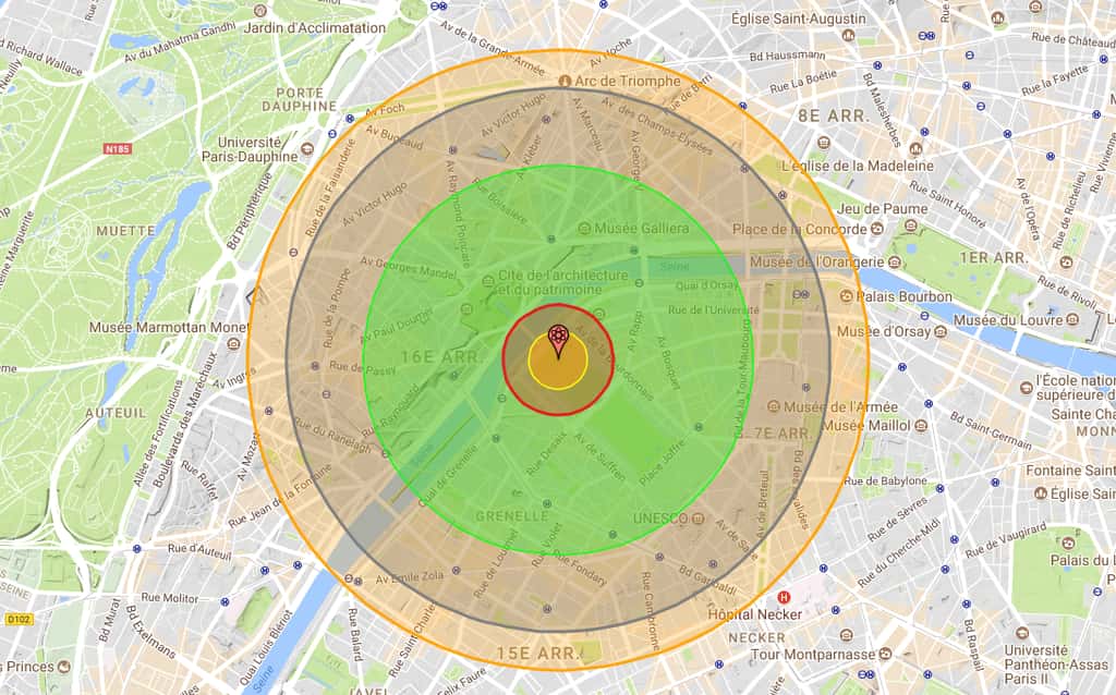 Si une bombe A équivalente à celle larguée sur Hiroshima, tombait au centre de Paris, voici, selon <a target="_blank" href="http://nuclearsecrecy.com/nukemap/">Nukemap</a>, les zones qui seraient directement touchées. Au centre, la zone d’impact de l’explosion nucléaire (environ 180 m) à proprement parler ; ensuite, une zone dans laquelle le souffle de l’explosion est tel que rien n’y résiste (environ 340 m) ; puis, une zone subissant des radiations suffisantes pour tuer – sans prise en charge médicale rapide – jusqu’à 90 % de la population (environ 1,2 km) et une zone subissant des effets du souffle encore suffisants pour détruire les habitations (environ 1,67 km) et enfin, la zone subissant des effets thermiques de l’explosion allant encore jusqu’à des brûlures au troisième degré (environ 1,91 km).