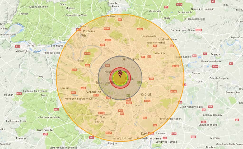 Si une bombe H équivalente à <em>Ivy Mike</em>, tombait sur Paris, voici les zones qui seraient directement touchées : au centre, la zone d’impact de l’explosion nucléaire (environ 3,2 km ; 6,1 km pour <a href="//www.futura-sciences.com/sciences/questions-reponses/histoire-bombe-nucleaire-plus-puissante-histoire-14405/" title="Quelle est la bombe nucléaire la plus puissante de l'Histoire ?"><em>Tsar Bomba</em></a>, la bombe H la plus puissante mise au point en 2017) à proprement parler ; ensuite, une zone dans laquelle le souffle de l’explosion est tel que rien n’y résiste (environ 3,4 km) ; puis, une zone subissant des radiations suffisantes à tuer – sans prise en charge médicale rapide – jusqu’à 90 % de la population (environ 4,75 km) et une zone subissant des effets du souffle encore suffisants pour détruire les habitations (environ 9,99 km et 32,6 km pour la bombe H la plus puissante mise au point en 2017) et enfin, l'aire subissant des effets thermiques de l’explosion allant encore jusqu’à des brûlures au troisième degré (environ 29,1 km et 73,7 km pour <em>Tsar Bomba</em>, soit jusqu’à Chartres).