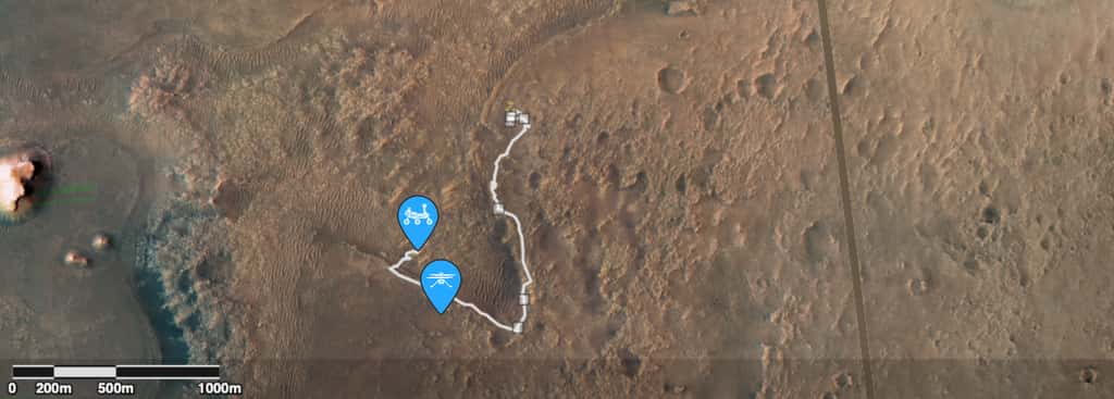 Position de Perseverance et Ingenuity, neuf mois après leur arrivée sur Mars. © Nasa, JPL-Caltech