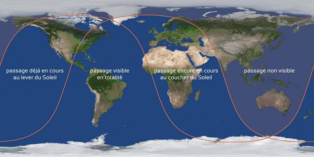 Les endroits du monde où le transit de Mercure sera visible en intégralité, partiellement ou non. © Stelvision, d’après une carte de F. Espenak