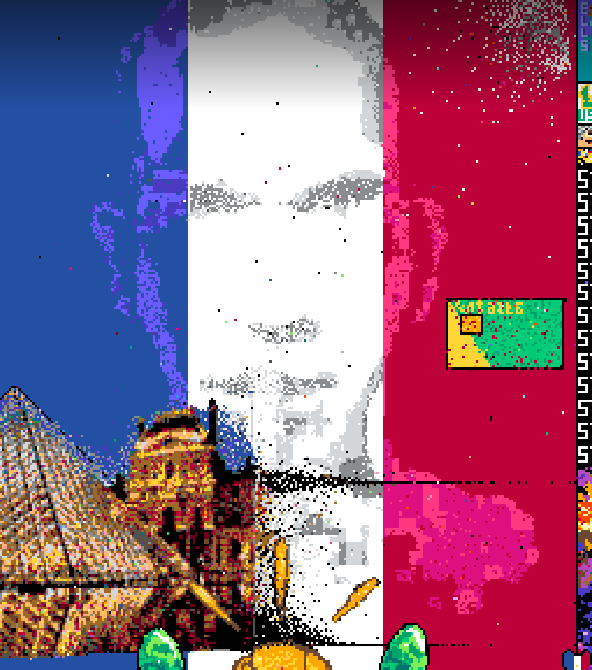 Les Français à l'œuvre avec un portrait de Zinedine Zidane, la pyramide du Louvre et... une Carte Vitale. © iFalas 