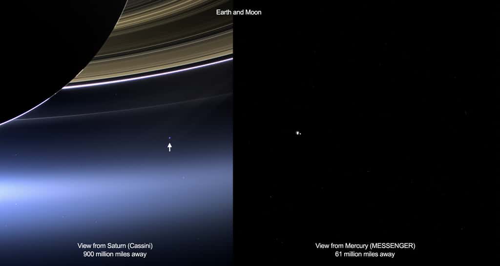 À gauche, l'image non résolue du système Terre-Lune réalisée par Cassini, et à droite, celle résolue prise par Messenger. Cassini a pu prendre cette image parce que le soleil était temporairement derrière Saturne. Sur l'image de Messenger, la Terre et la Lune mesurent chacune moins d’un pixel en réalité, mais semblent très grandes parce qu'elles sont surexposées. Une longue exposition est nécessaire pour capter autant de lumière que possible à partir d'objets potentiellement peu lumineux. Par conséquent, les objets dans le champ de vision deviennent saturés, et apparaissent artificiellement grands. © Nasa, JPL-Caltech, <em>Space Science Institute</em>, <em>Johns Hopkins University Applied Physics Laboratory</em>, <em>Carnegie Institution of Washington</em>