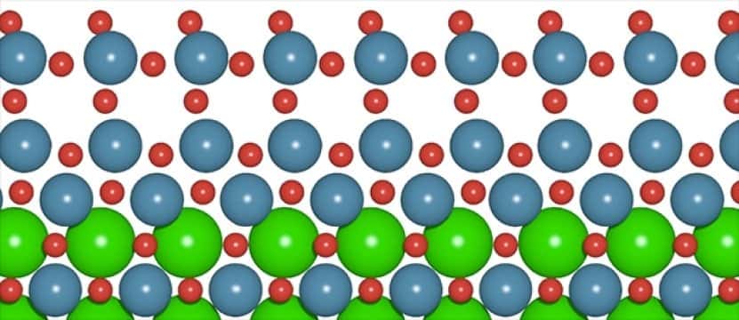 Sur cette illustration, les atomes de strontium (en vert) ont disparu de la couche supérieure du catalyseur sous l’effet de la corrosion, laissant un film d’oxyde d’iridium capable d’accélérer les réactions de façon spectaculaire. © C. F. Dickens, Stanford University
