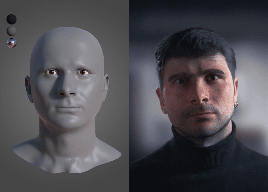 Exemple de modélisation 3D d'un visage avant et après le rendu. © Laurent Wassouf, Esma