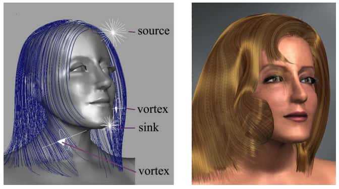 Un moyen pour modéliser les cheveux est de les considérer comme un fluide. Ici, il prend source en haut à droite de la tête. Le visage et les épaules sont des obstacles qui dévient ce fluide, tandis que les vortex placés par les animateurs permettent de créer des boucles. © Kelly Ward <em>et al.</em>, <em>IEEE Transactions on Visualization and Computer Graphic</em>s, 2010