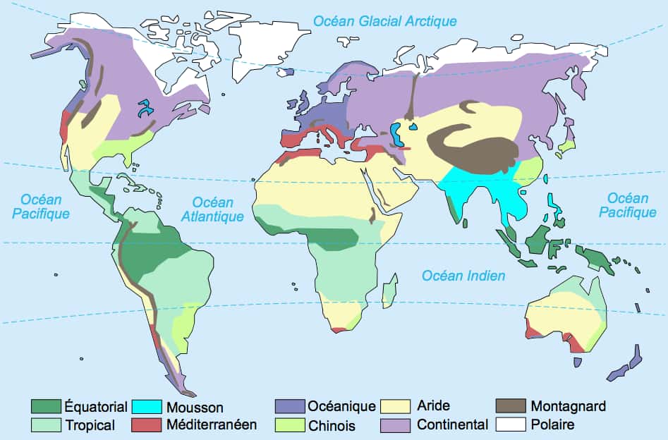 Sur cette carte, les zones de climat tropical sont en vert clair. Peuvent y être assimilées, certaines zones de climat dit aride ou de mousson. © historicair, Wikipédia, CC by-sa 3.0