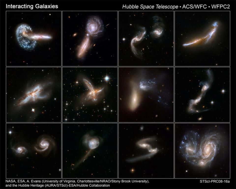 Une série d'images prises par Hubble montrant des galaxies en interaction. Dans certains cas, ces collisions conduisent à des fusions. © Nasa