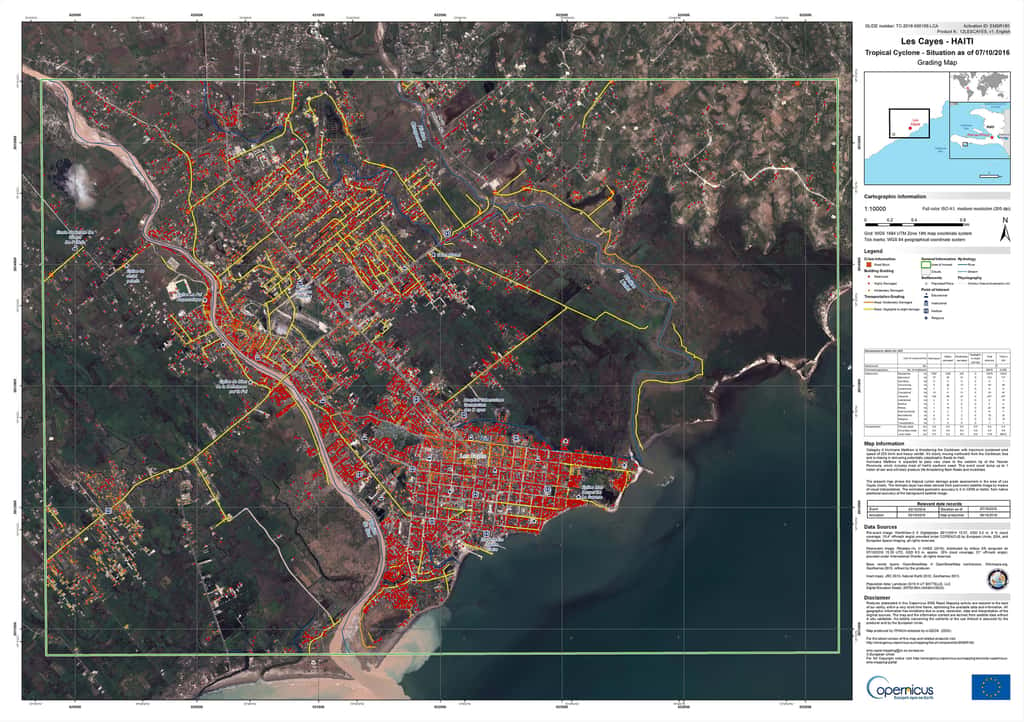 Les dégâts de l’ouragan Matthew à Haïti : un exemple de carte produite par le service de cartographie d’urgence du programme européen Copernicus. © Commission européenne