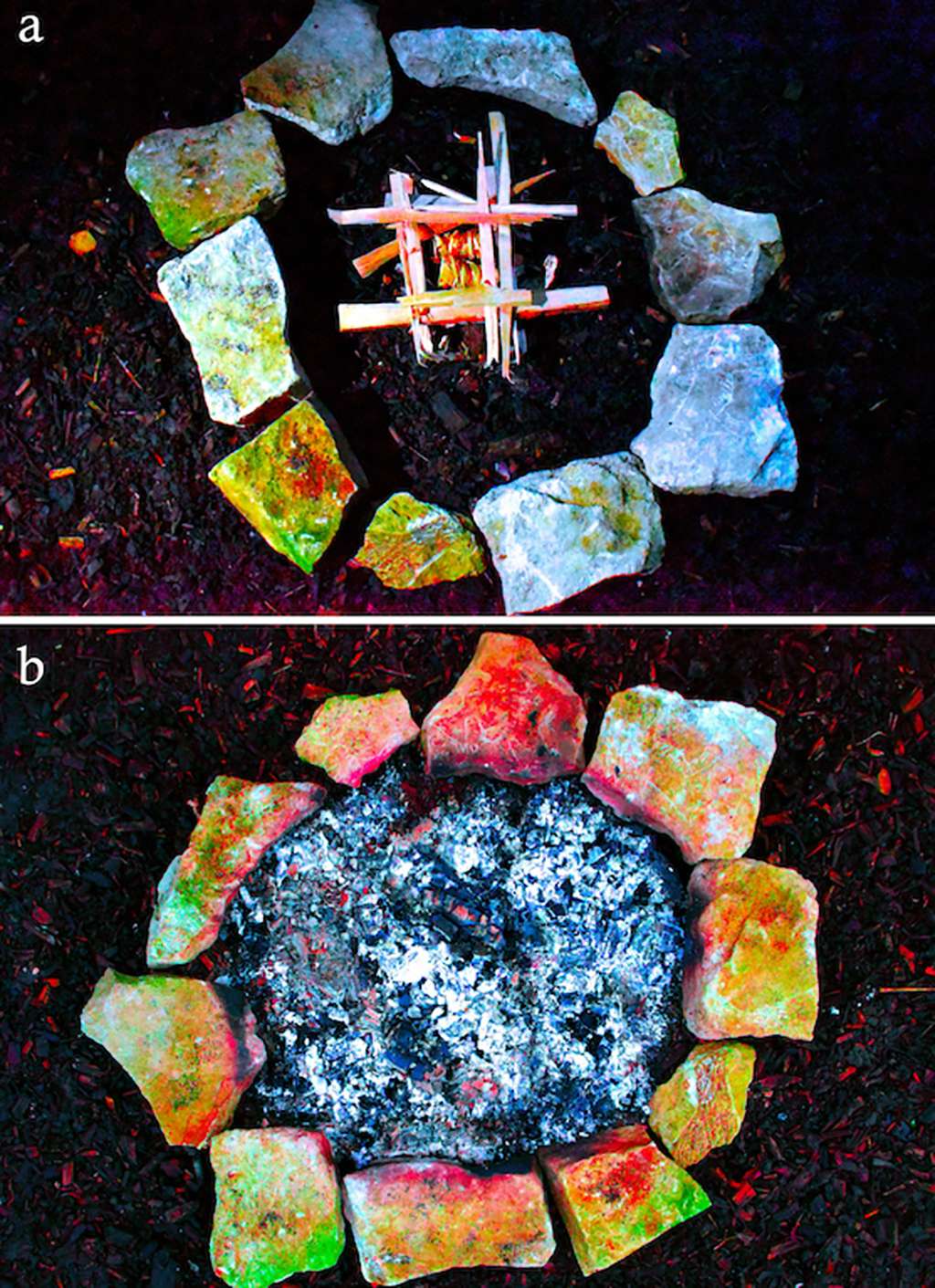 Les auteurs ont placé des plaquettes en calcaire autour d'un feu et ont exagéré leurs couleurs avant et après le chauffage afin de déterminer quelles plaquettes du Paléolithique ont été chauffées et dans quel but. © Needham et <em>al.</em>, 2022