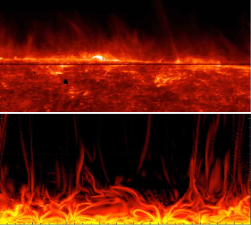  En haut : la surface du Soleil selon les données de la mission spatiale Iris de la Nasa, avec en fond la structure dynamique de l’atmosphère chauffée (© Iris/Nasa).<br />En bas : modélisation de l’atmosphère solaire montrant à haute résolution la formation de courants électriques importants qui s’élèvent telles des flammes. © Tahar Amari / Centre de physique théorique