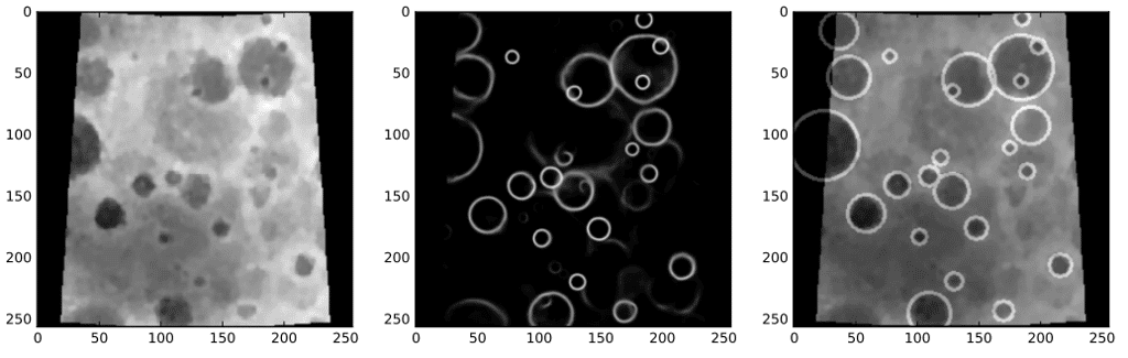 À gauche, une image de la surface de Mercure. L’IA repère l’emplacement des cratères sous forme d’anneaux (image du milieu). Les deux images sont superposées, à droite. © Ari Silburt <em>et al.</em>, 2018, <em>arXiv</em>