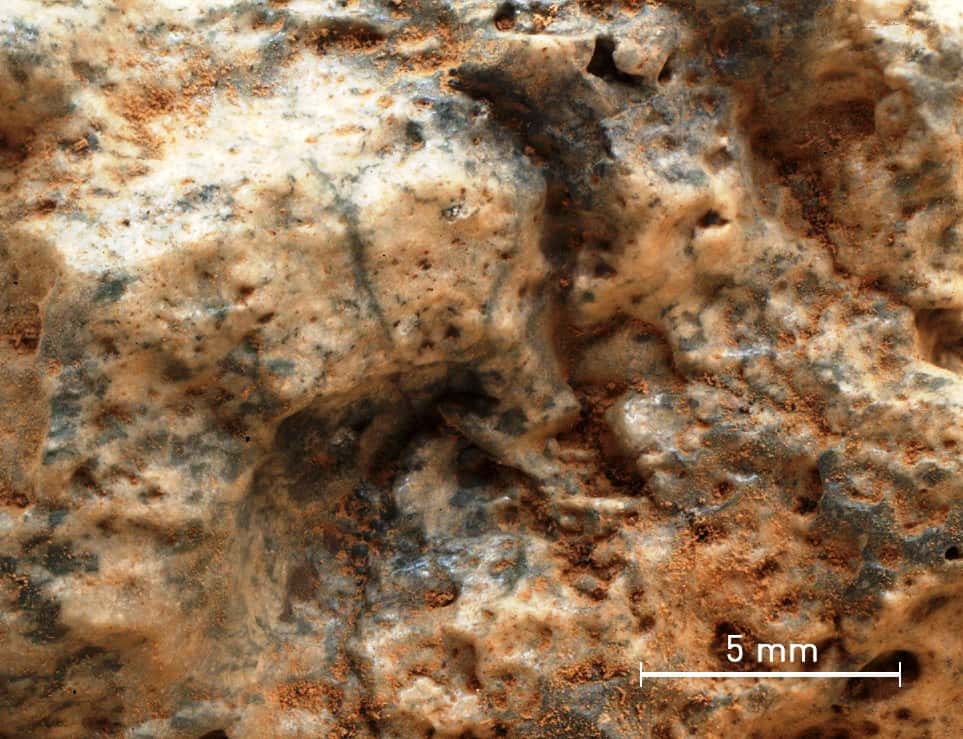 Cet échantillon rocheux martien est dominé par de gros cristaux roses nacrés (des feldspaths), dans lesquels sont inclus des cristaux de quartz plus petits (en gris). Il ressemble à un échantillon de croûte archéenne terrestre. © Nasa/JPL-Caltech/MSSS 