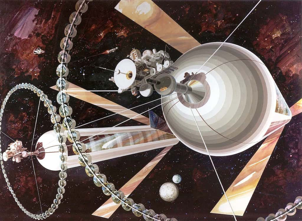  Au début des années 1970, le physicien Gerard K. O’Neill, surfant sur la vague du projet Apollo, a proposé à ses étudiants de l’Université de Princeton d’apprendre à devenir physicien en réfléchissant sur la possibilité de coloniser l’espace à partir de leurs cours de physique. Les résultats seront stimulants. Pour O’Neill, ses étudiants et ses collègues, les colonies spatiales qu'ils ont étudiées seraient l’occasion pour l’Humanité de repartir sur de nouvelles bases, de transférer l’industrie et une population grandissante dans l’espace et de permettre à la Terre de sortir du « coma écologique » dans lequel un développement industriel frénétique et anarchique l’ont fait sombrer. On voit une de ces colonies sur cette image d'artiste. L'idée a été reprise dans <em>Interstellar </em>où l'une d'entre-elles sert d'étape à l'humanité avant de s'aventurer dans un voyage interstellaire. © DP, Wikipédia, Rick GuidiceO Neill Rick Guidice DP wikipedia 